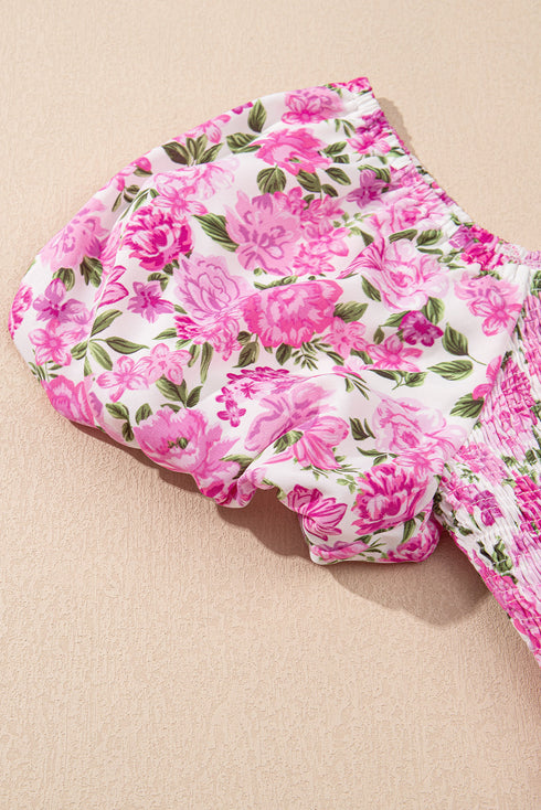 Pink Dainty Floral Smocked Puff Sleeve Flowy Long Dress